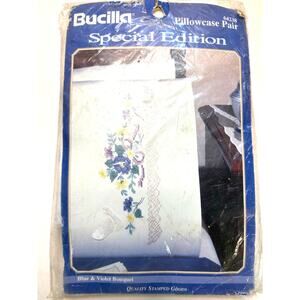 Bucilla Special Edition Pillowcase Pair Blue & Violet Bouquet 2 Stamped Cases